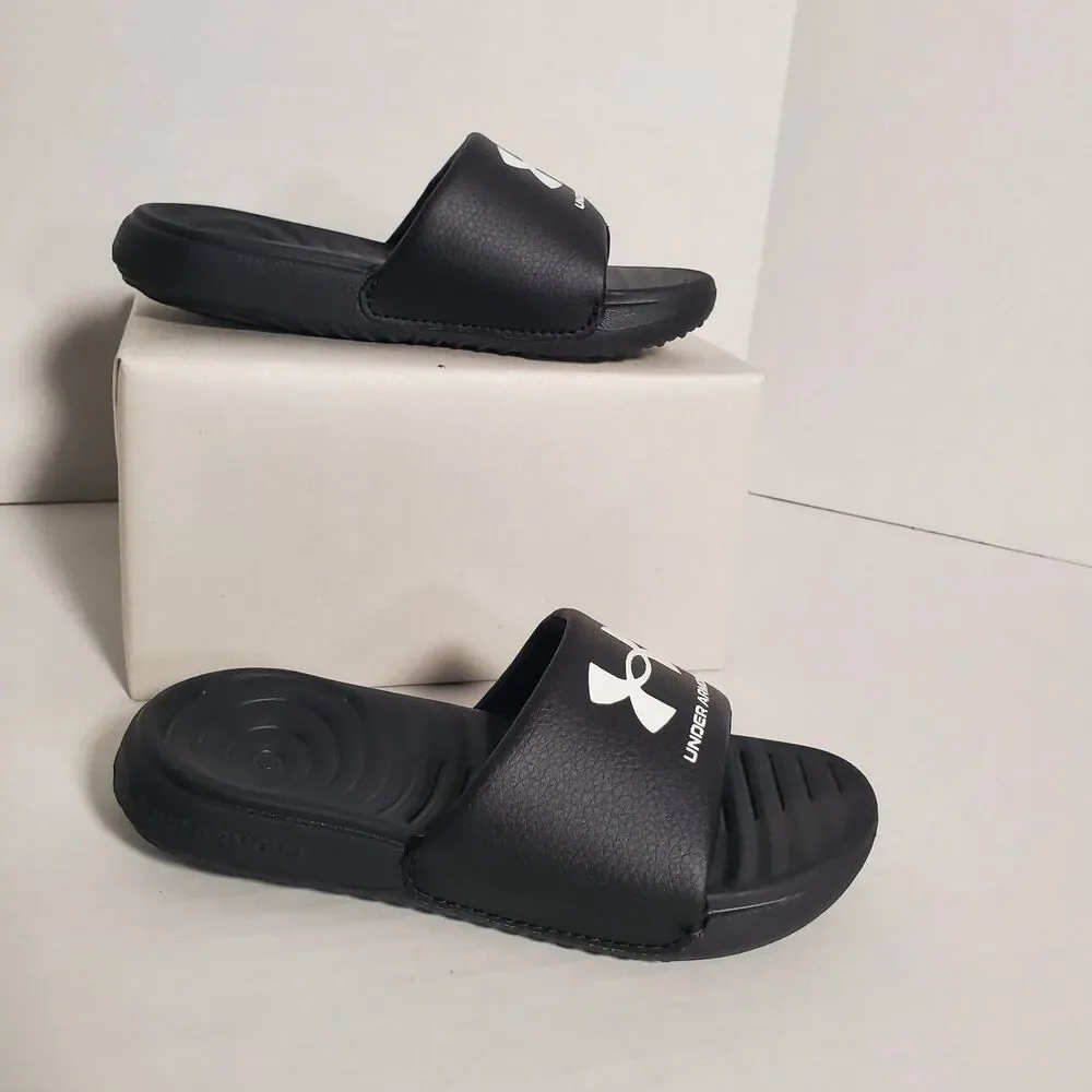 Under Armour Kids Slides Sandals Size 11K Black White Logo Comfort‎ Slip On